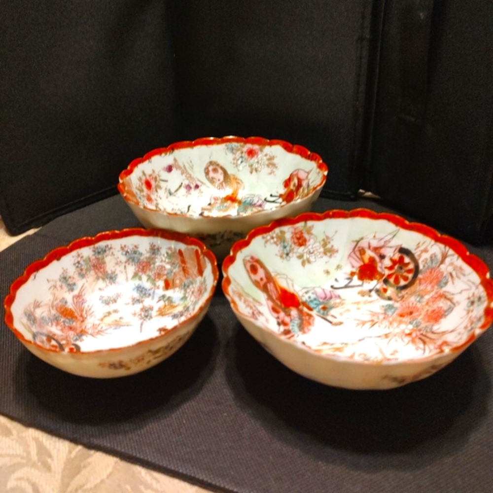 🔸⛩️🔸 Gorgeous Antique Vintage Hand Painted Japanese Porcelain Nesting Bowl Set - Picture 11 of 16